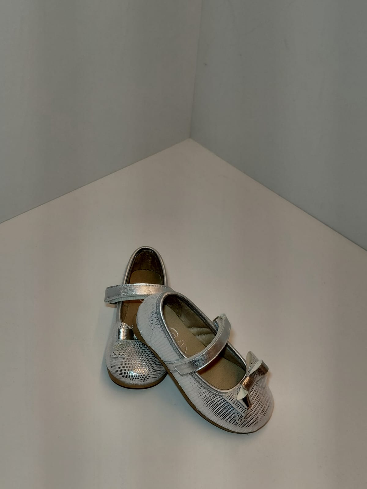Girls Silver Mary Jane Flats with Bow