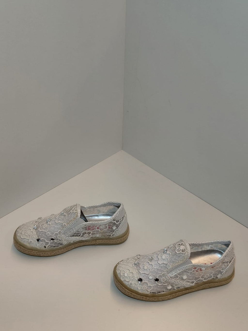 Girls Lace Slip-On Flats with Rhinestone Detail