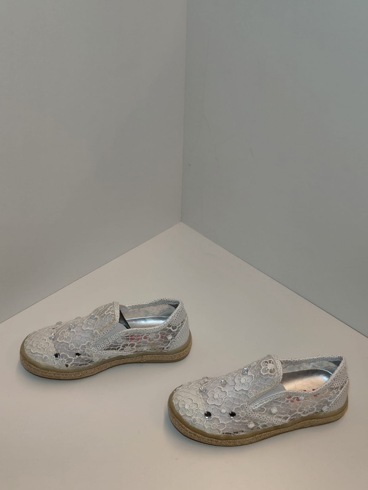 Girls Lace Slip-On Flats with Rhinestone Detail