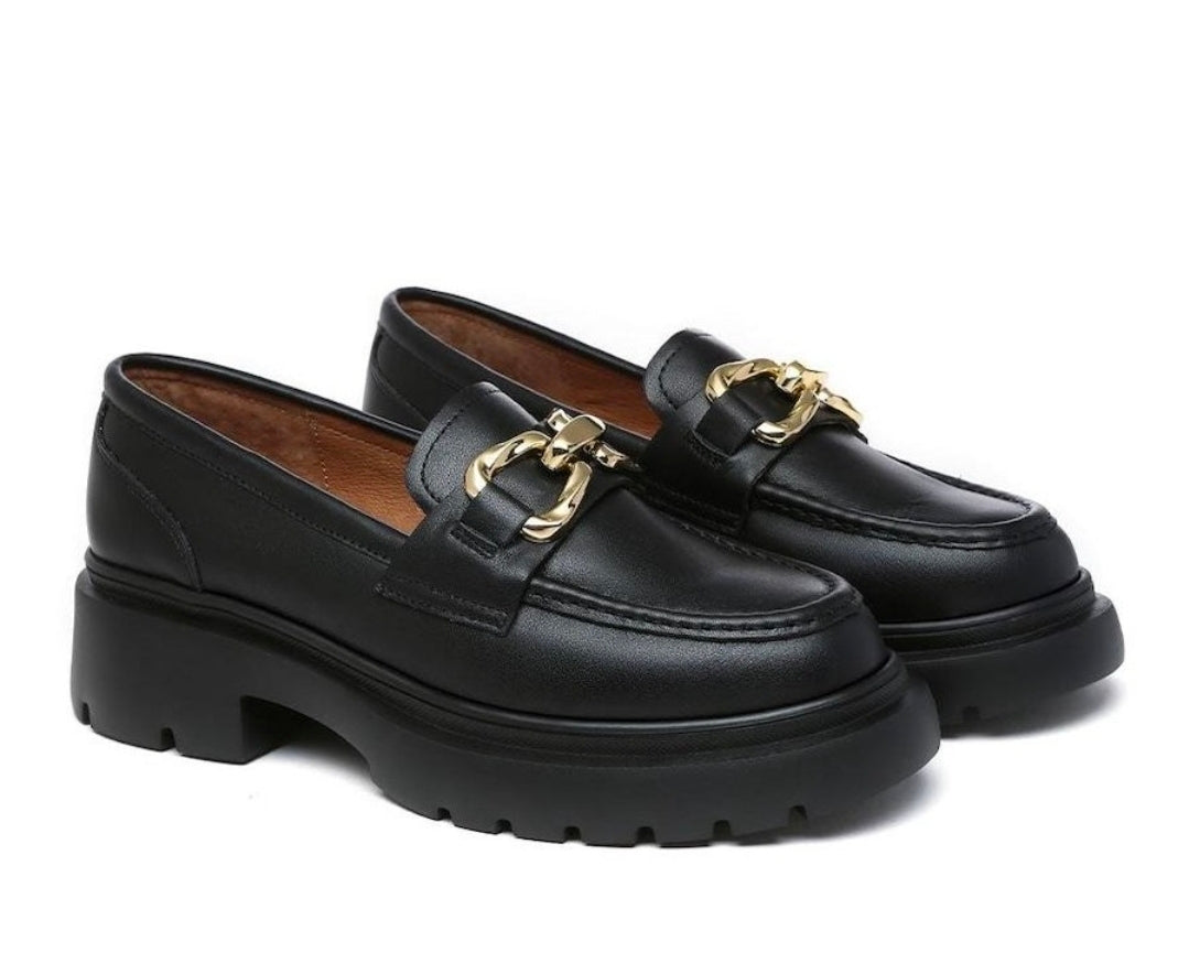Kids Leather Gold Buckle Platform Chunky Loafers