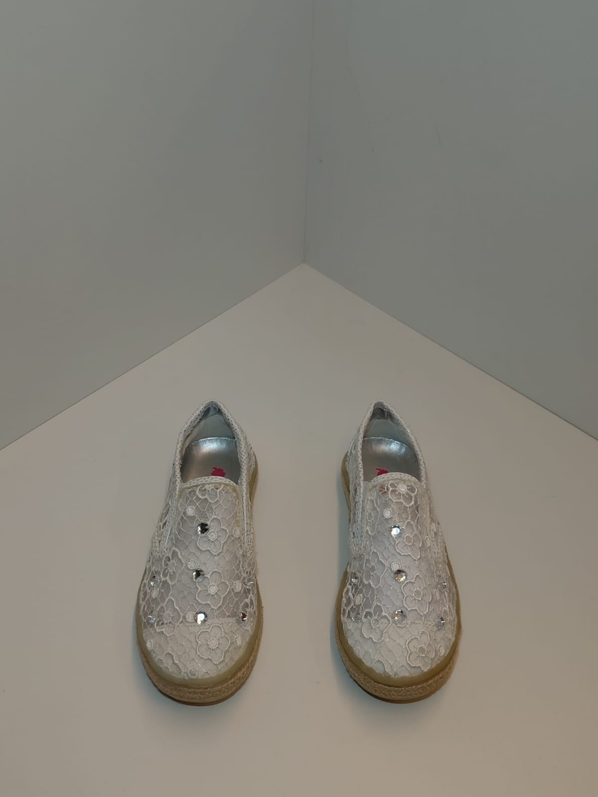 Girls Lace Slip-On Flats with Rhinestone Detail