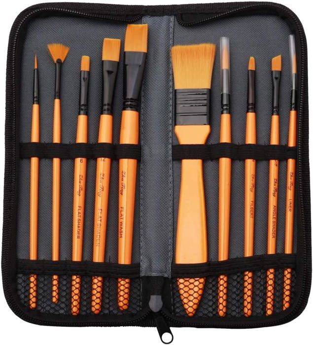 CRELANDO Set of 10 Paint Brushes with Storage Case