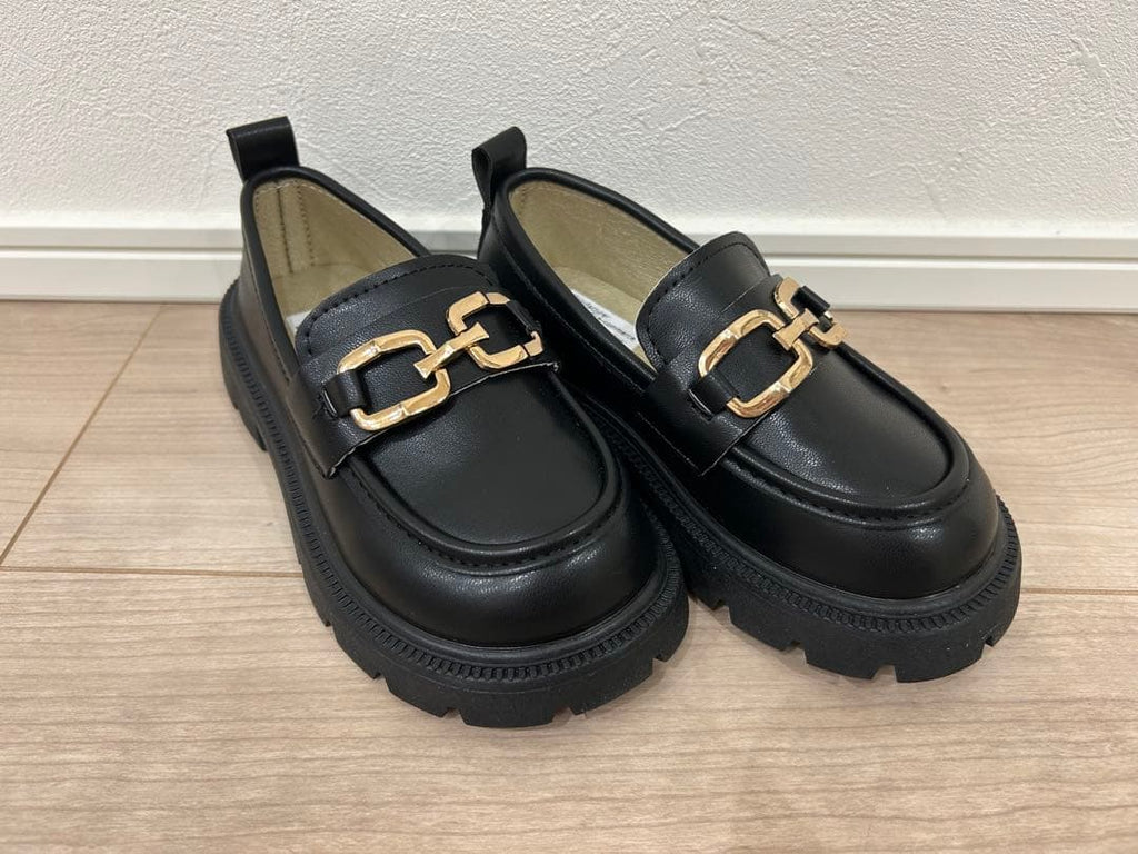 Kids Leather Gold Buckle Platform Chunky Loafers